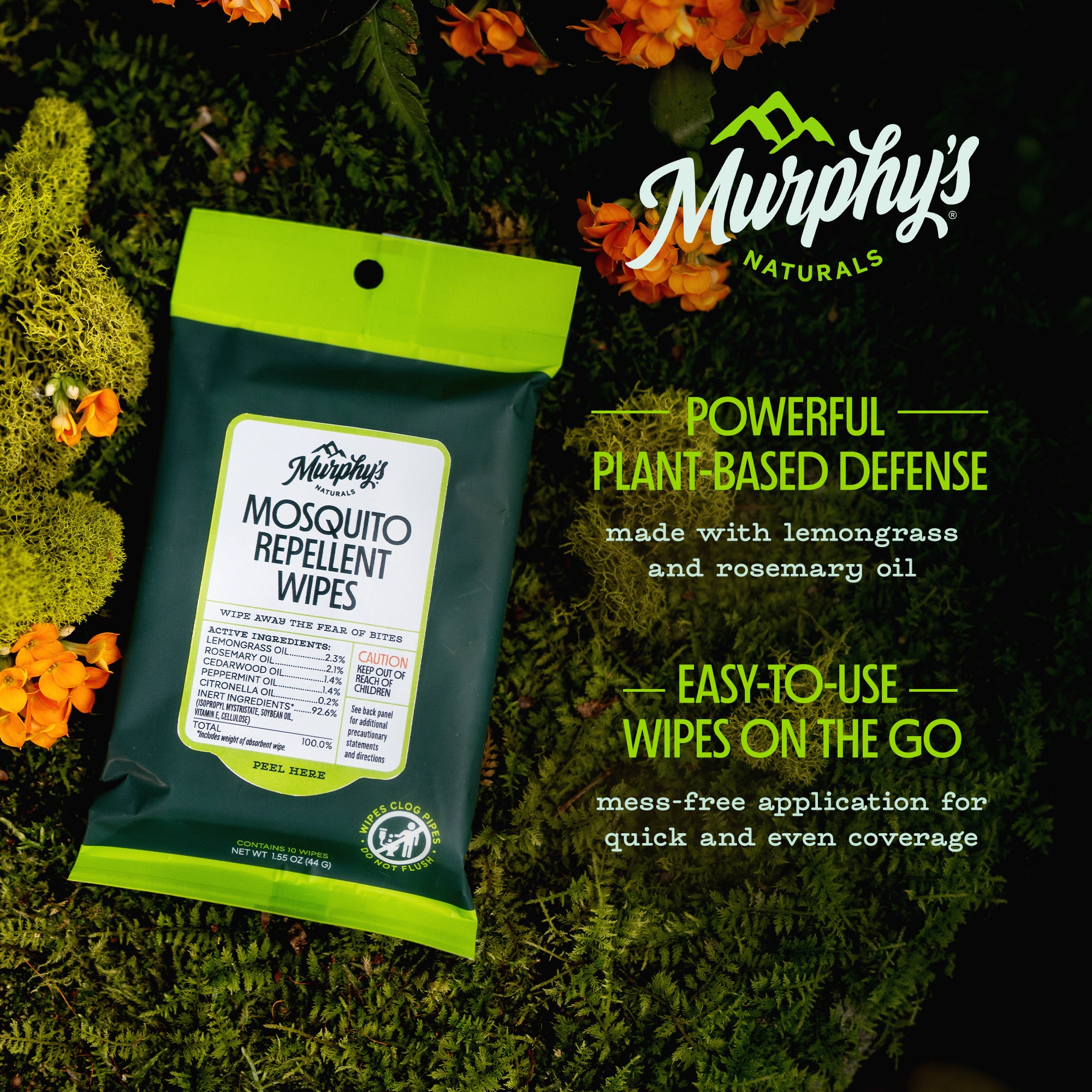 Pack of Murphy's Naturals Mosquito Repellent Wipes on a green background with foliage.