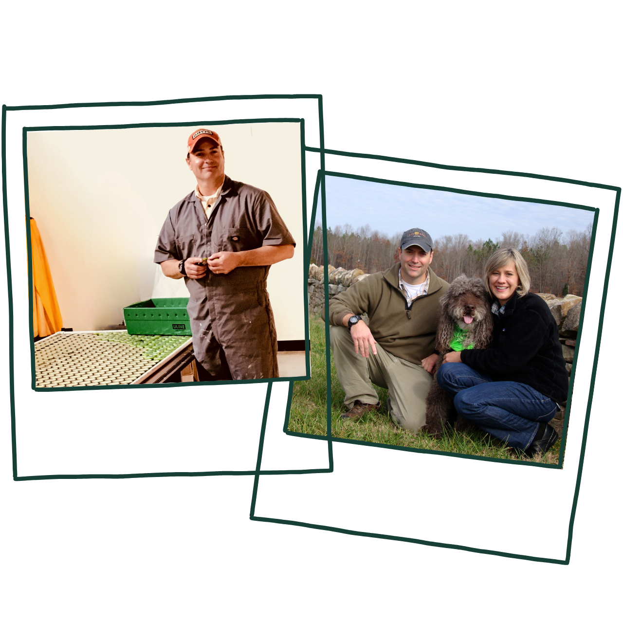 Two polorioid photos of our CEO & Founder, Philip Freeman, in the early days of Murphy's. The first one he is next to a production line of repellent balm, and the second one is with his wife and his dog named Murphy.