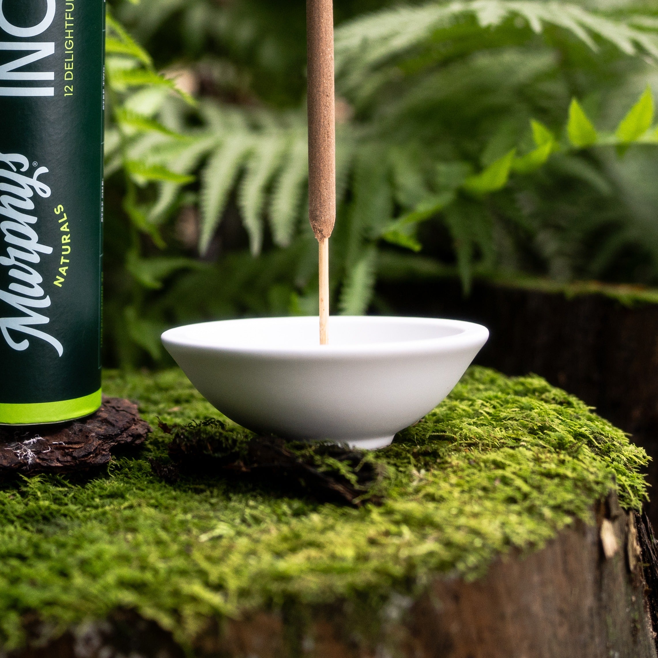 white incense stick holder on a green mossy log