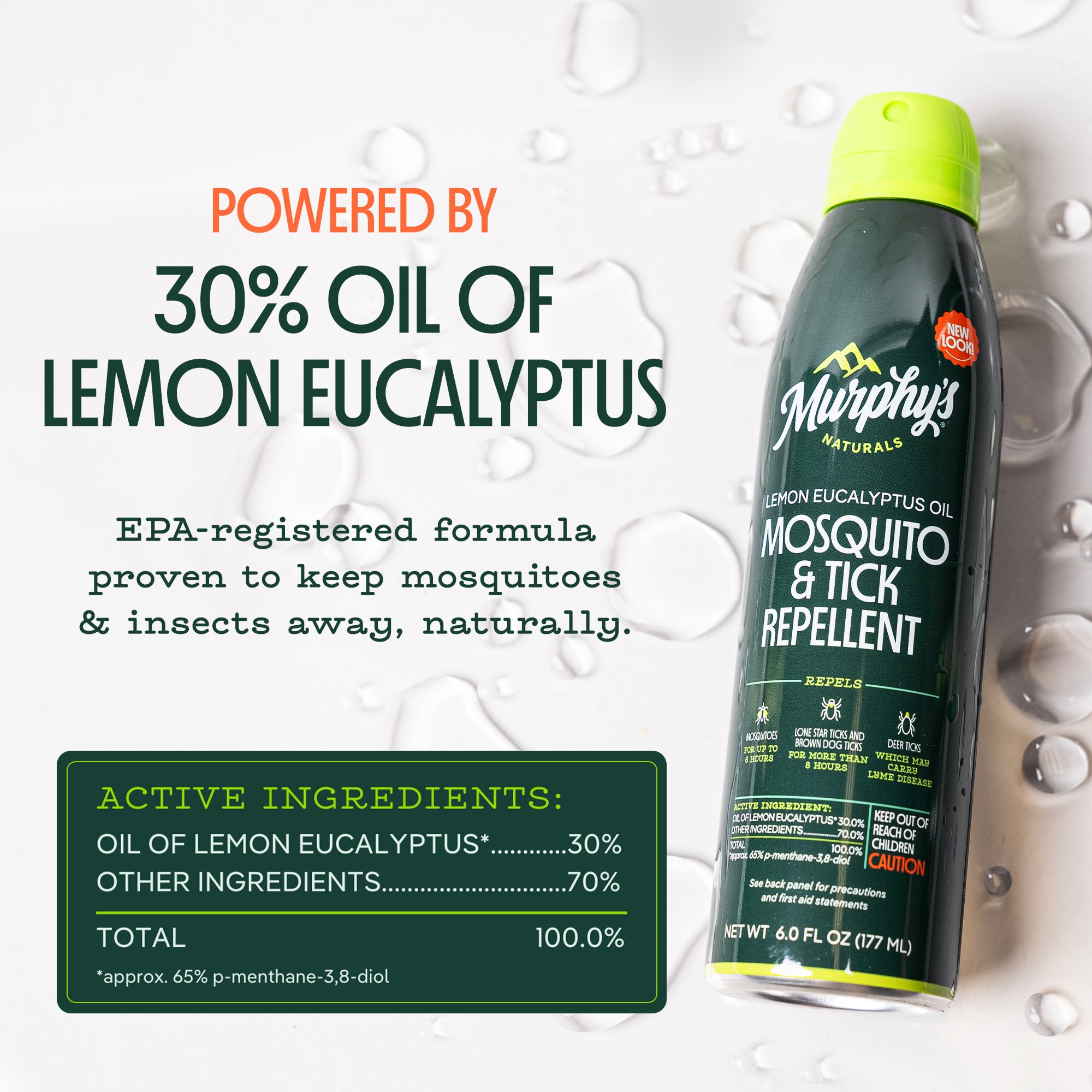 Murphy's Naturals mosquito and tick repellent spray bottle with lemon eucalyptus oil information on a white background.
