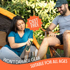 Two people sitting outdoors with a product labeled 'DEET FREE' and 'WON'T DAMAGE GEAR SUITABLE FOR ALL AGES'.