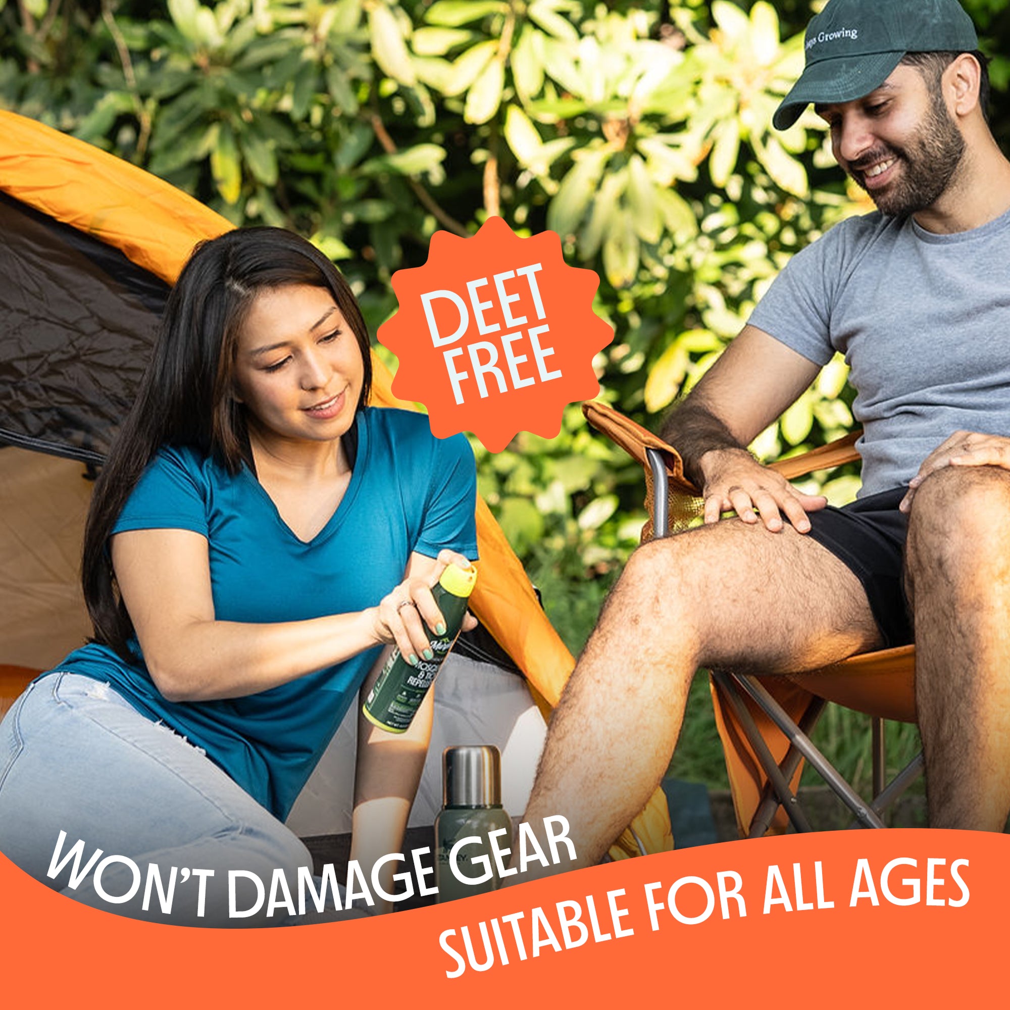 Two people sitting outdoors with a product labeled 'DEET FREE' and 'WON'T DAMAGE GEAR SUITABLE FOR ALL AGES'.