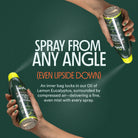 Two cans of mosquito repellent being held with text about spray direction on a green background