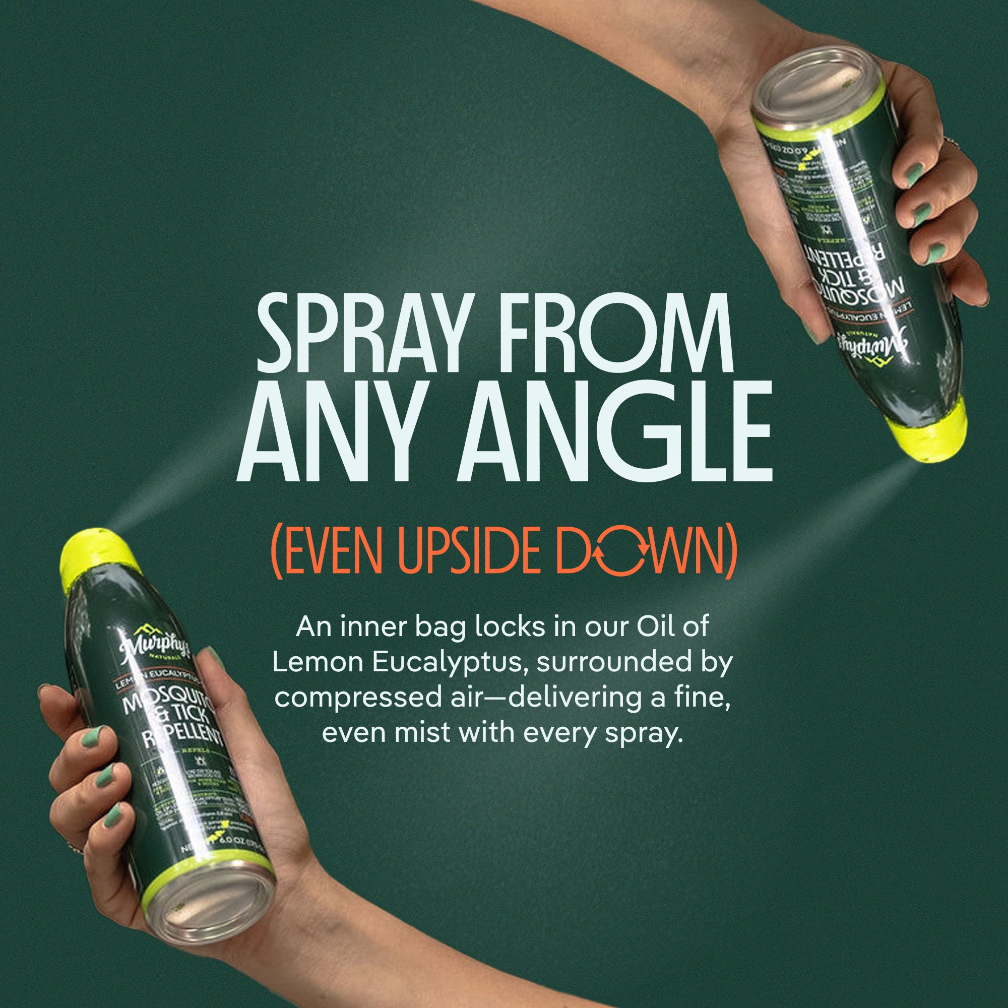 Two cans of mosquito repellent being held with text about spray direction on a green background