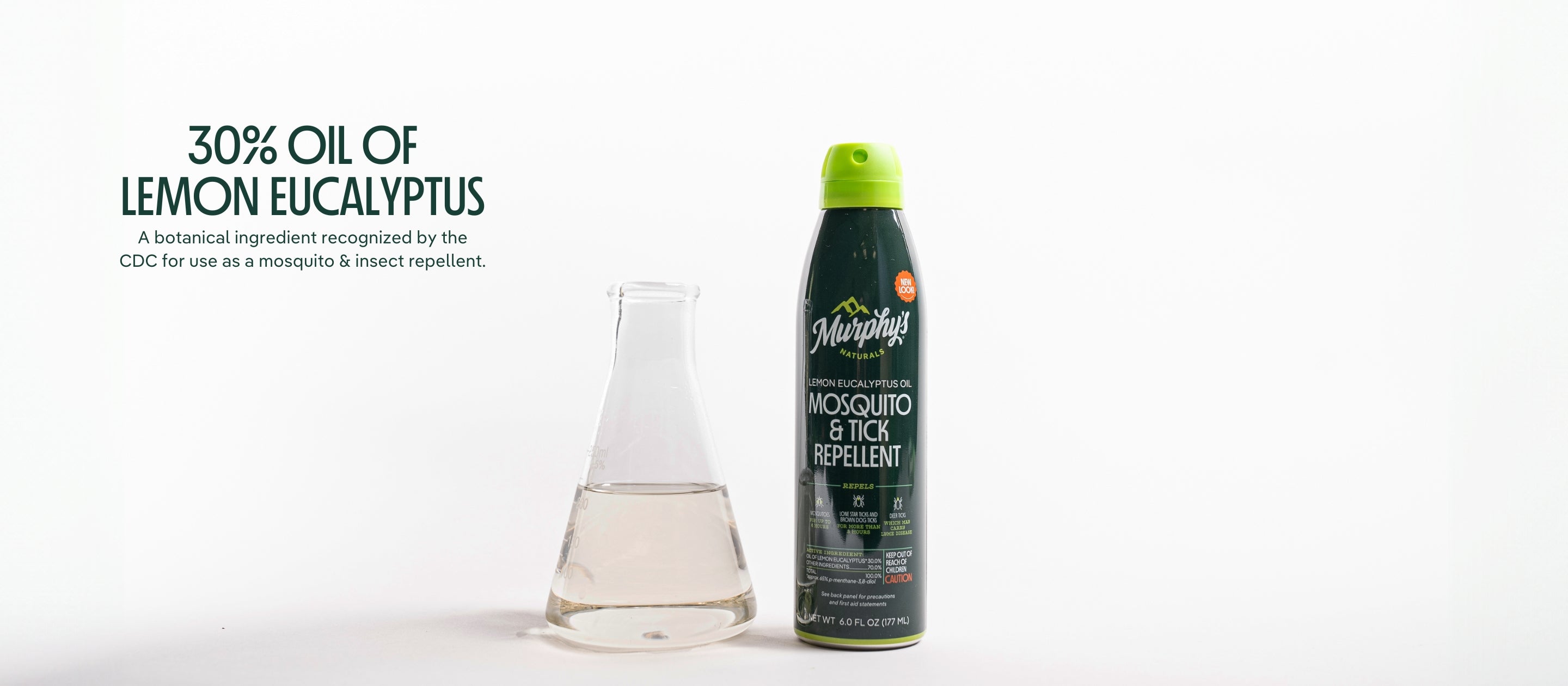 Murphy's Naturals mosquito repellent mist next to an Erlenmeyer flask filled with the main ingredient