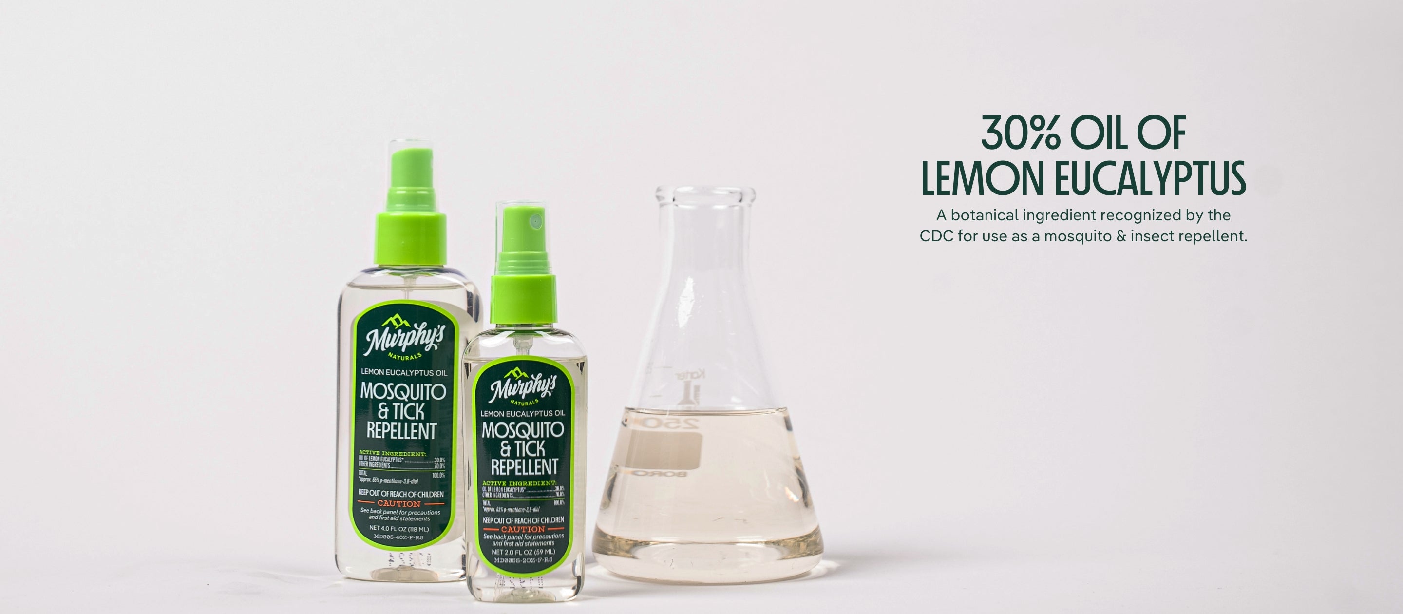 Lemon Eucaluptus Oil Spray next to an Erlenmeyer filled with the main ingredient