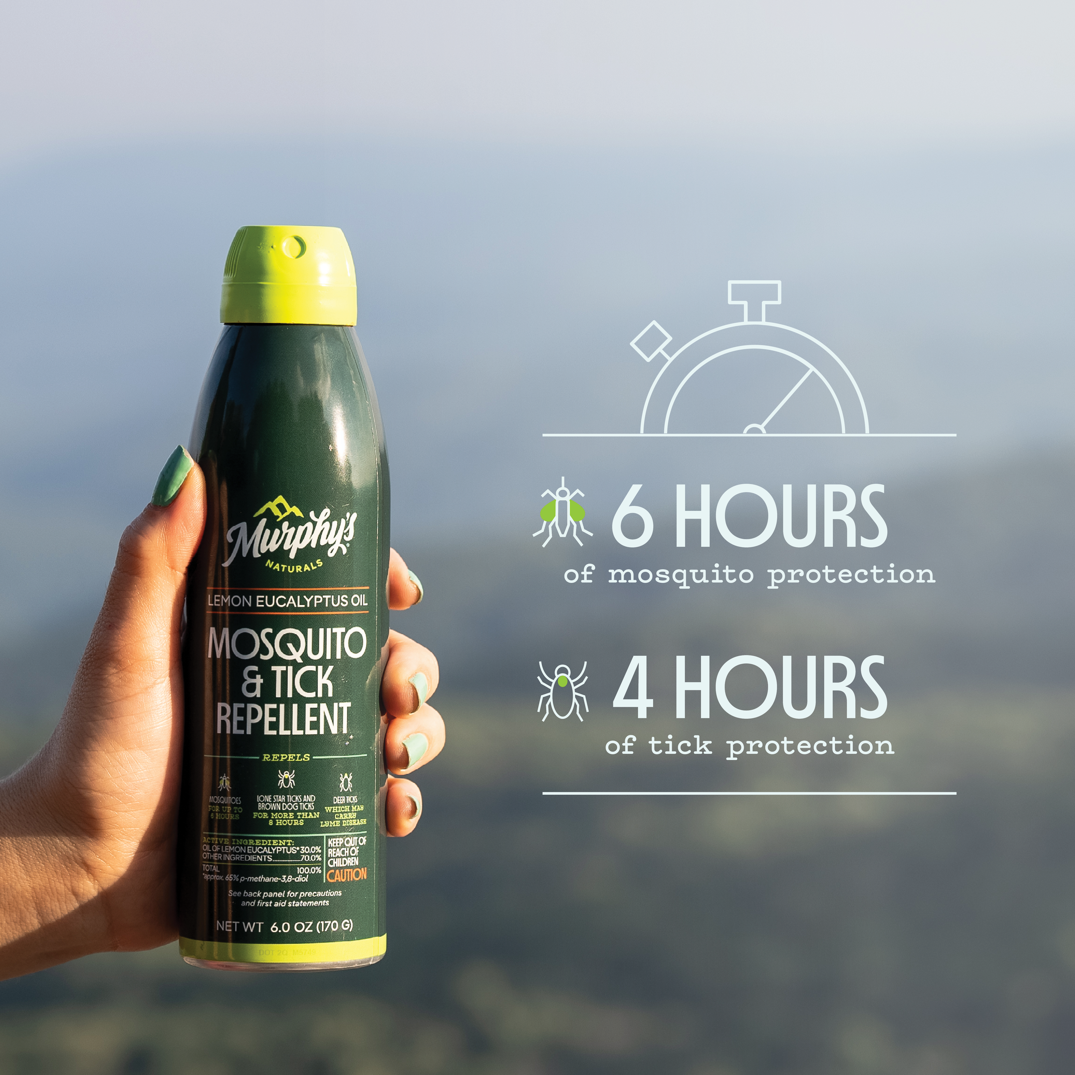 Lemon Eucalyptus Oil Mosquito & Tick Repellent held up with text "6 hours of mosquito protection and 4 hours of tick protection"