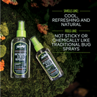 Lemon Eucalyptus Oil Spray on a mossy log with the following text, "Smells like" cool, refreshing, and natural. Feels like: Not sticky or chemically like traditional bug sprays