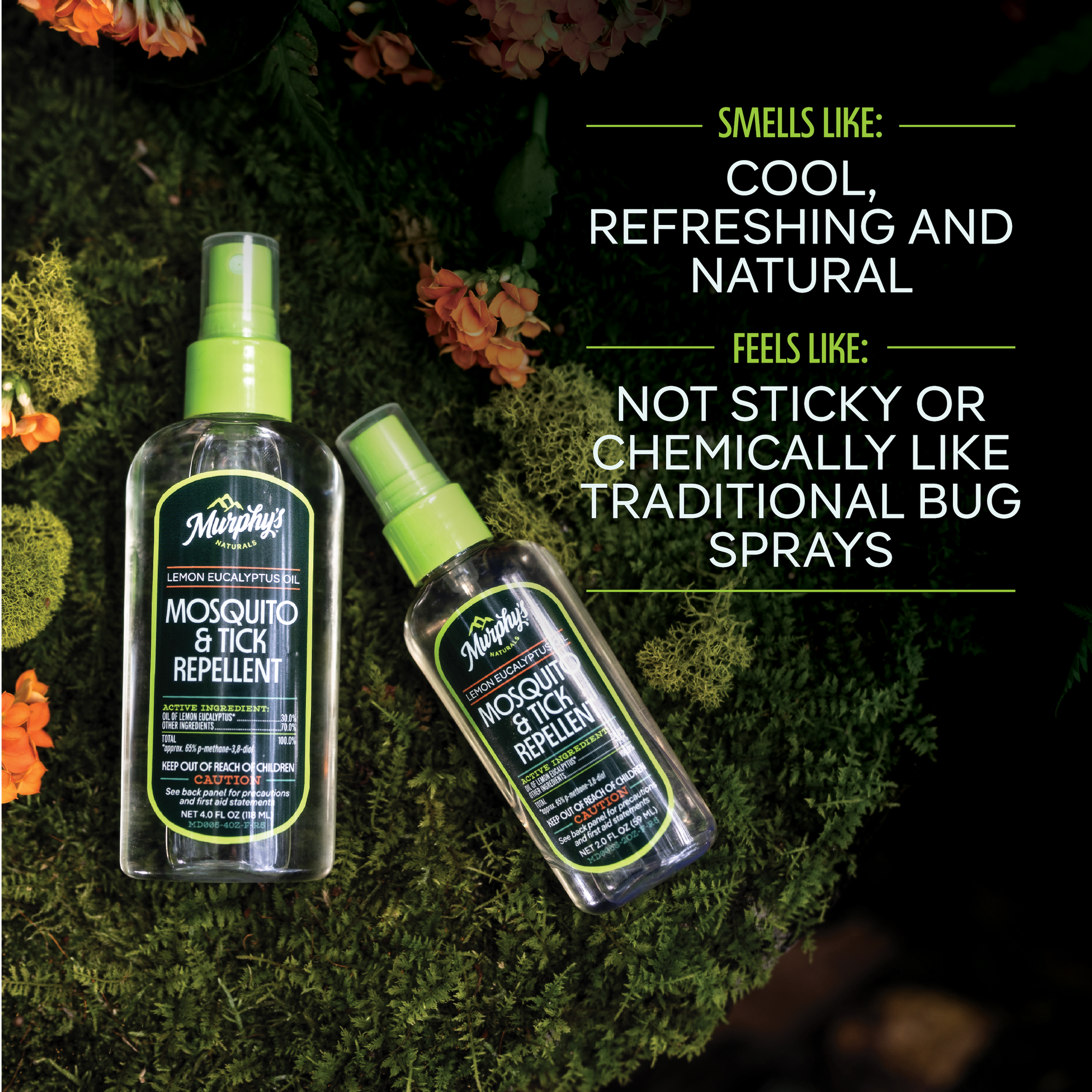 Lemon Eucalyptus Oil Spray on a mossy log with the following text, "Smells like" cool, refreshing, and natural. Feels like: Not sticky or chemically like traditional bug sprays