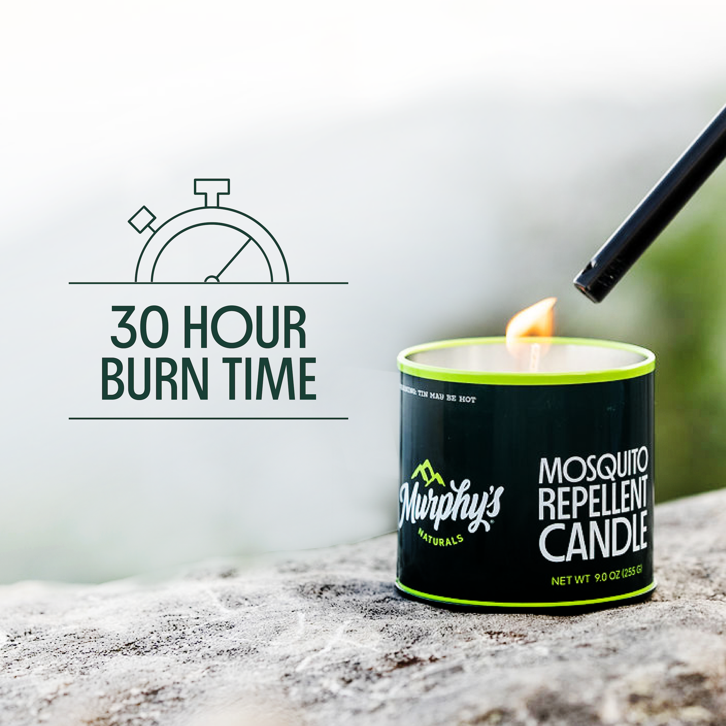 murphy's candle being lit with a graphic saying "30 hour burn time"