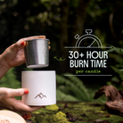 refill candle being placed in ceramic vessel. text stating "30+ hour burn time per candle" with a timer graphic.