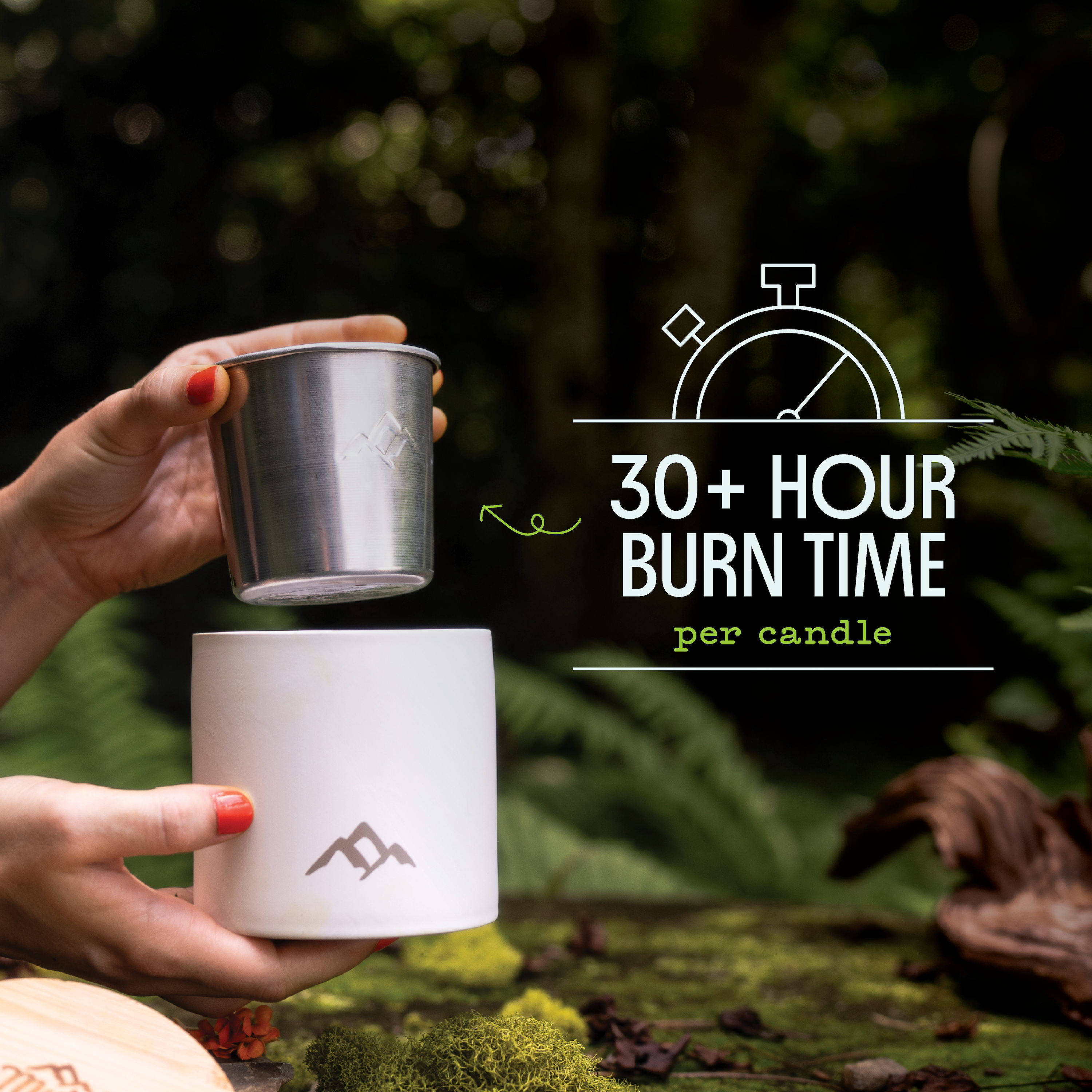 refill candle being placed in ceramic vessel. text stating "30+ hour burn time per candle" with a timer graphic.