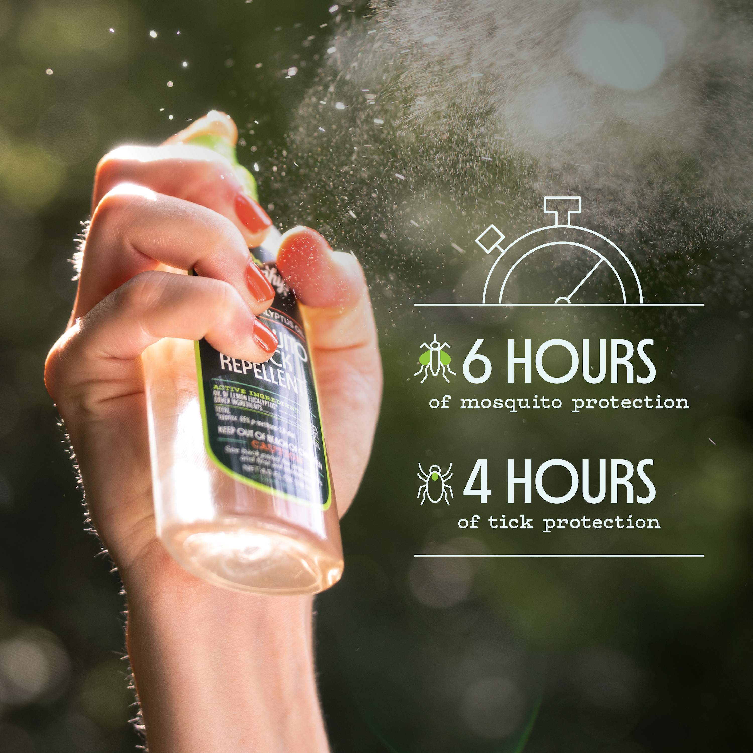 Lemon Eucalyptus Oil Spray being sprayed. Text reading, "6 hours of mosquito protection" and "4 hours of tick protection"