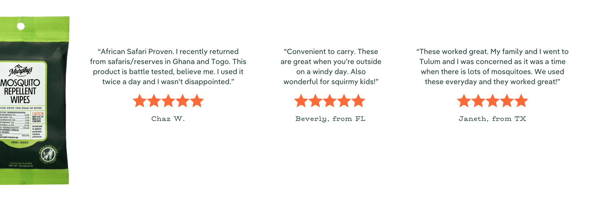 Five star reviews on Murphy's Naturals Mosquito Repellent Wipes from media outlets