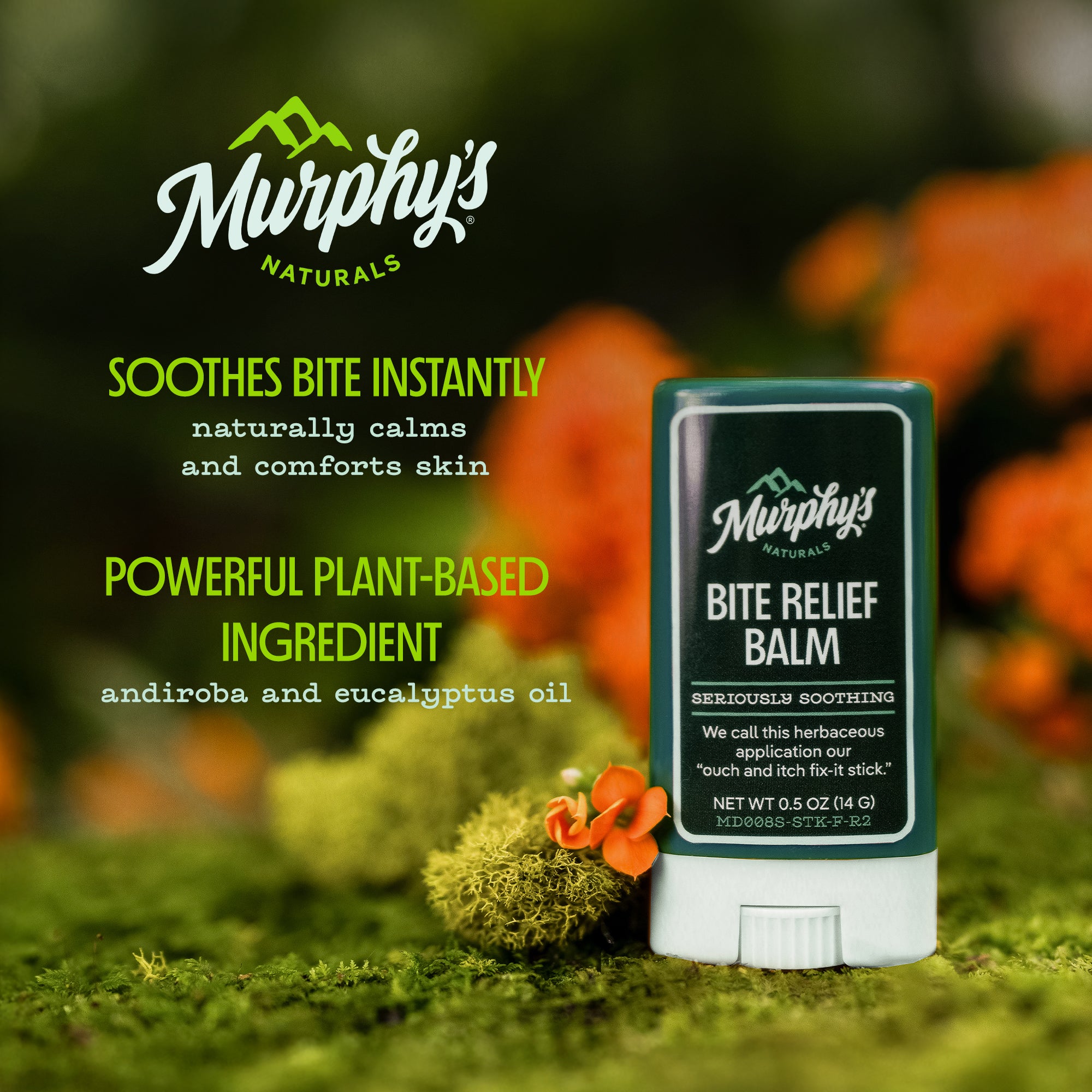 Murphy's Naturals Bite Relief Balm with natural ingredients on a green background