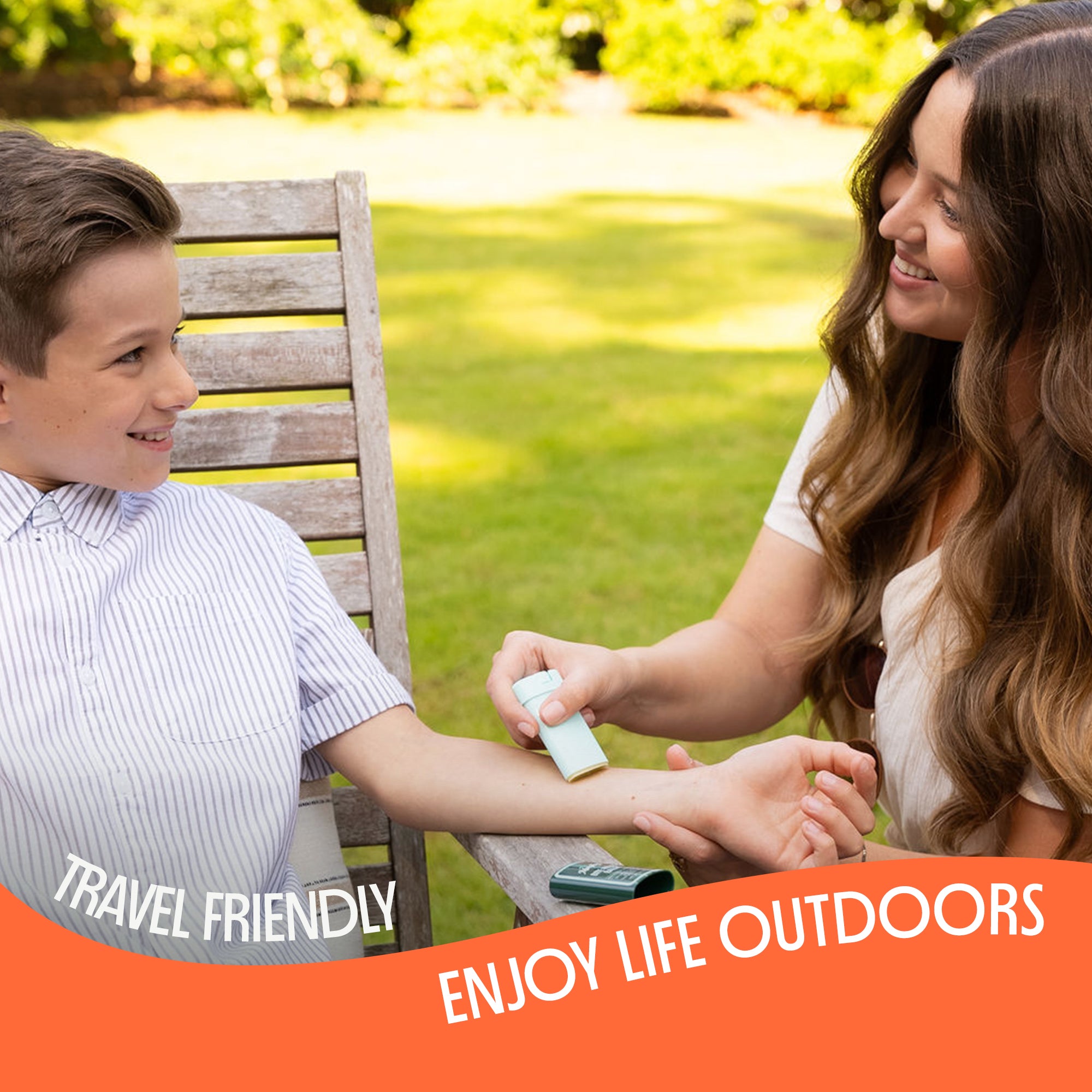 woman applying a bite relief balm stick to a childs arm