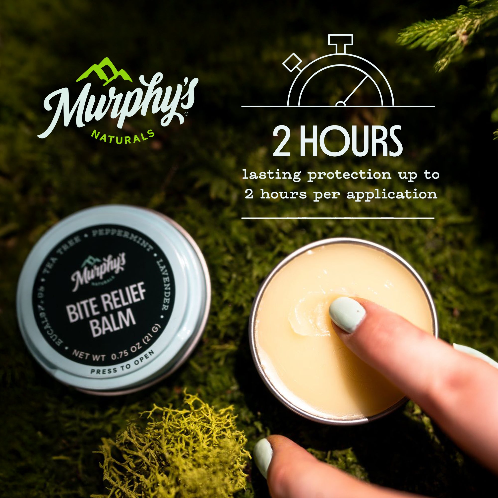 Murphy's Naturals Bite Relief Balm with a hand applying balm on a green natural background