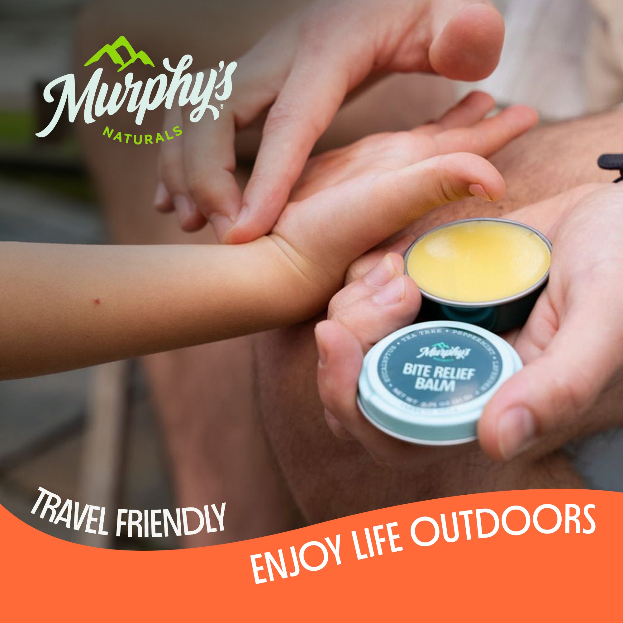 Person applying Murphy's Naturals Bite Relief Balm to a child's hand with outdoor background.