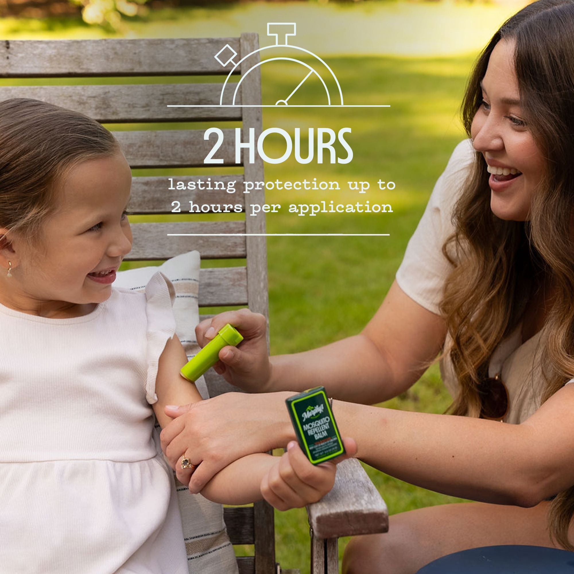 Woman applying mosquito repellent balm stick to a child's arm with text about  protection duration.