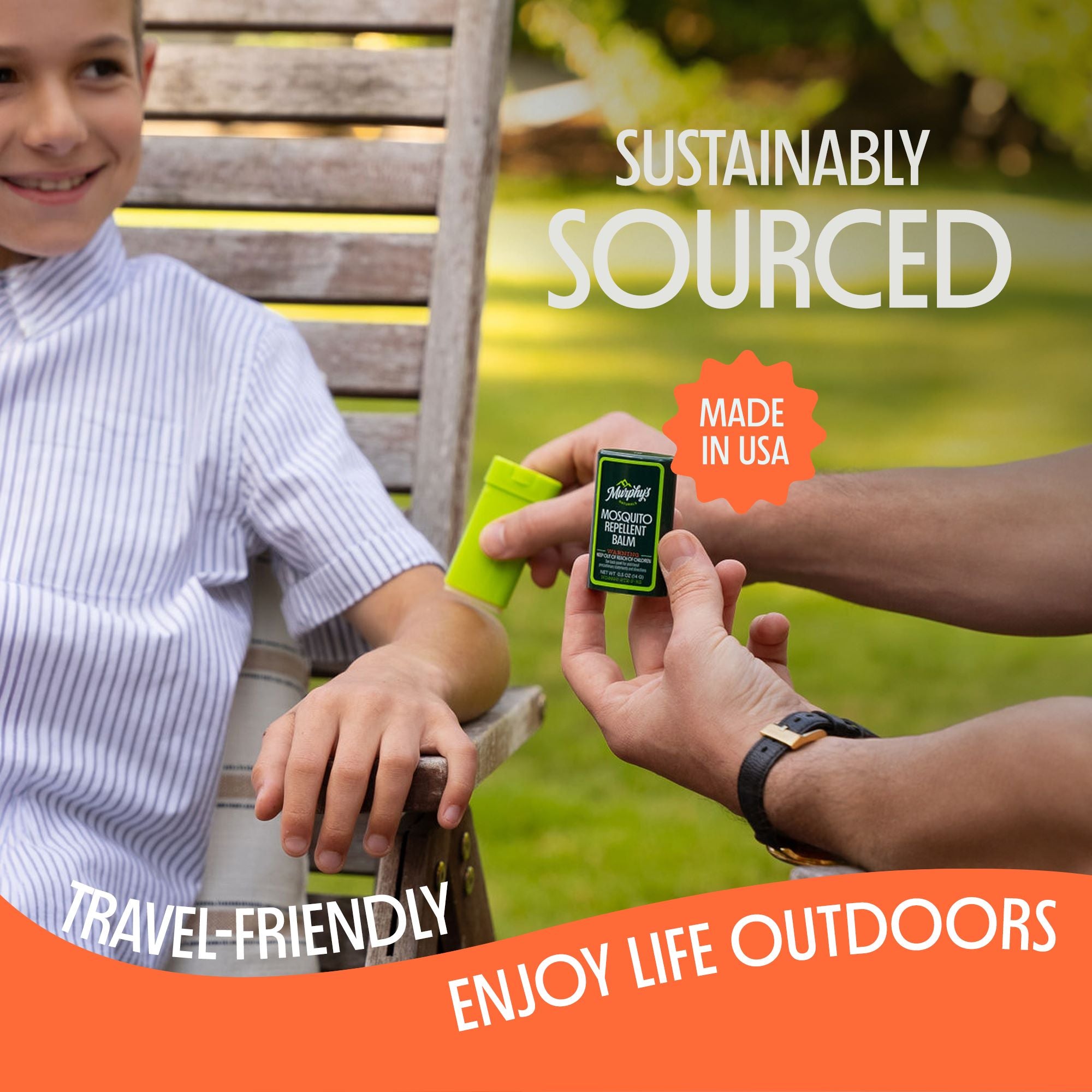 Person handing repellent balm to a child outdoors with text about sustainability and travel-friendliness.