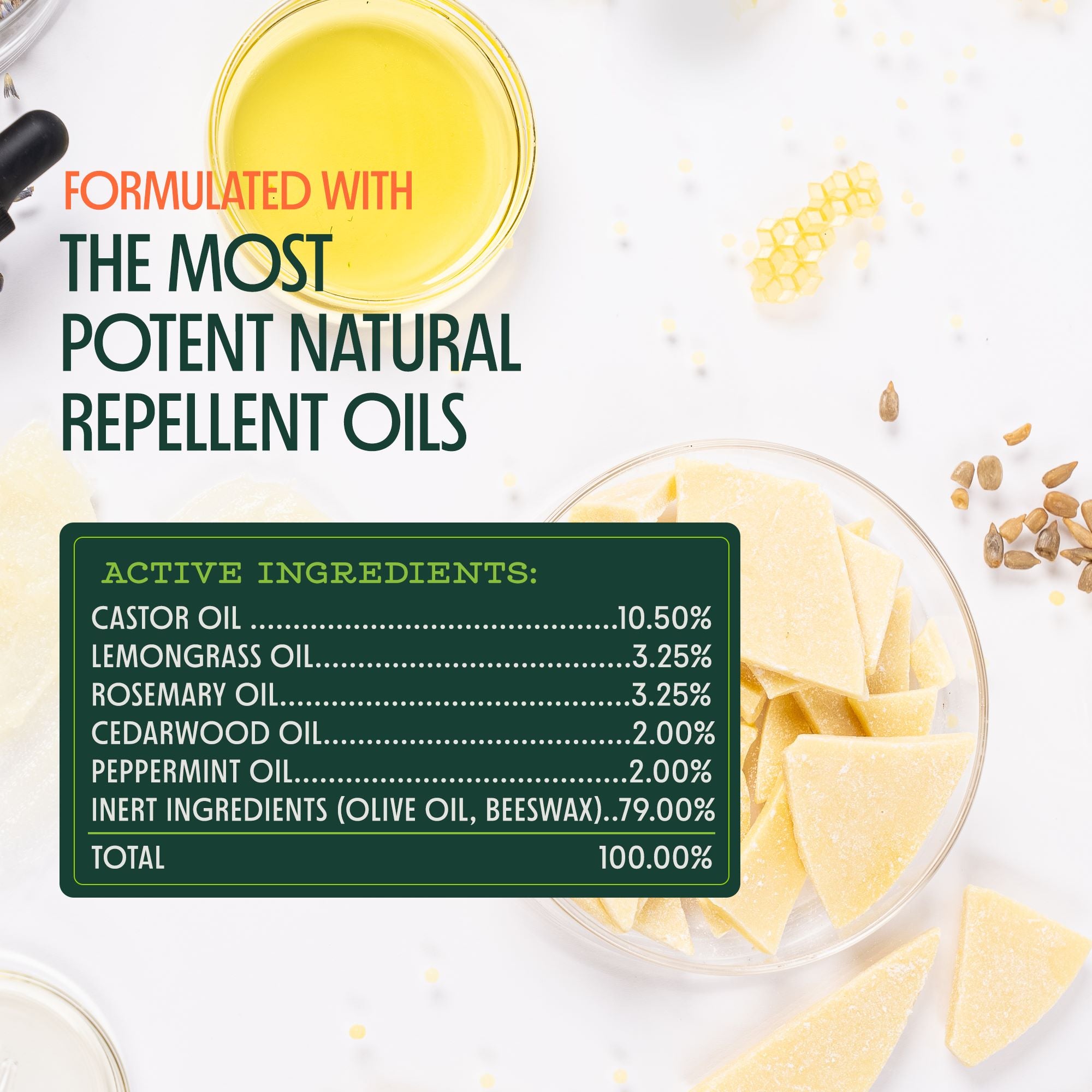 Product label with ingredients and active components on a white background