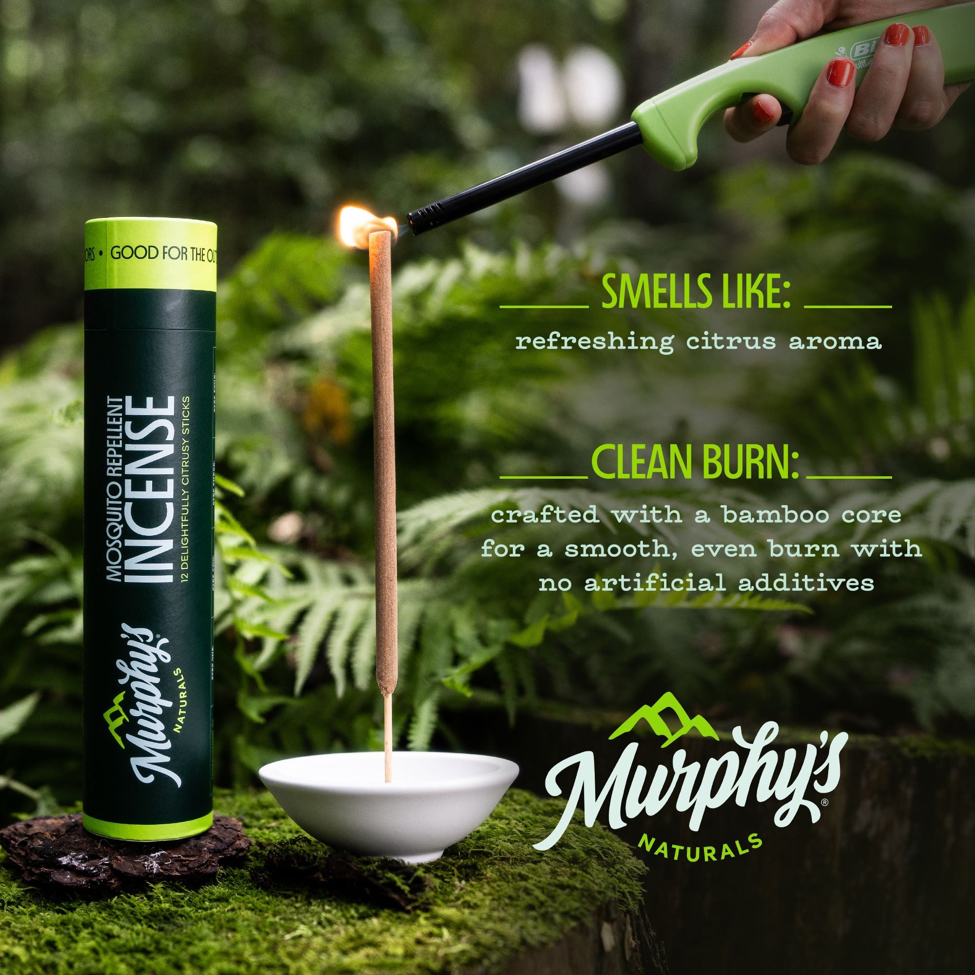 Murphy's Naturals incense being lit with a match against a natural background