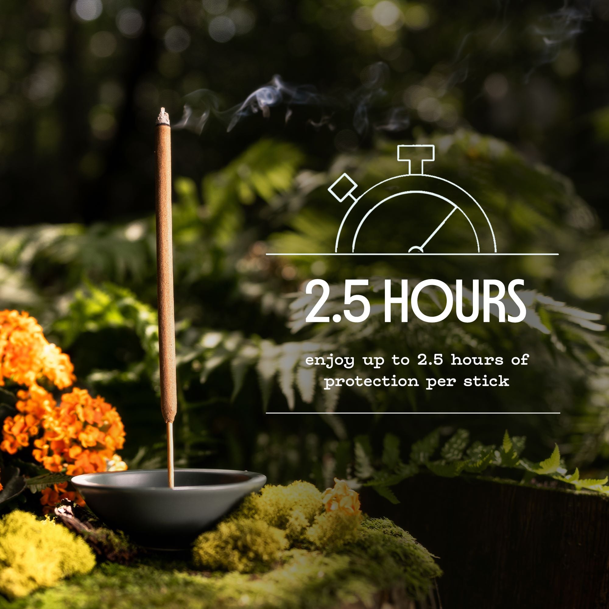 Incense stick in a holder with a timer graphic and text about protection duration, set against a natural background.