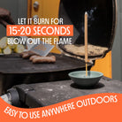 Grill with a lighter and text instructions on how to use it outdoors.
