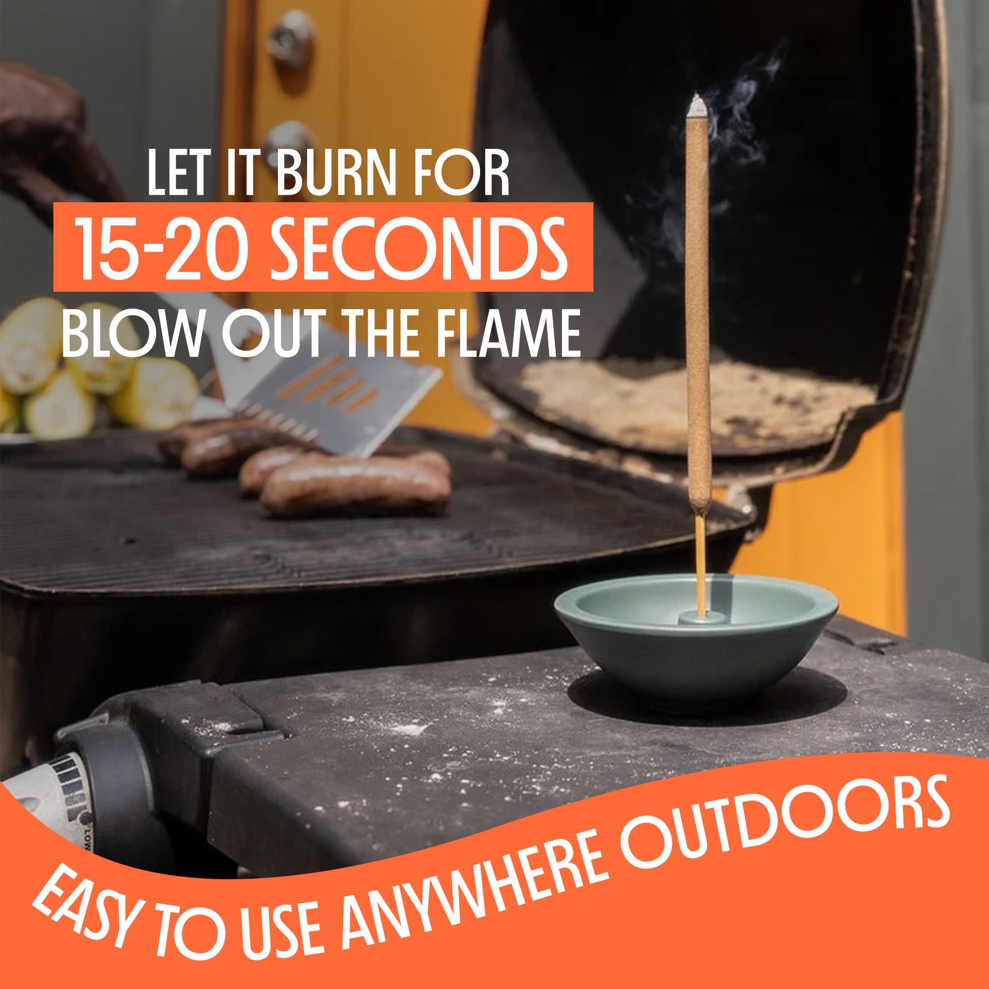 Grill with a lighter and text instructions on how to use it outdoors.