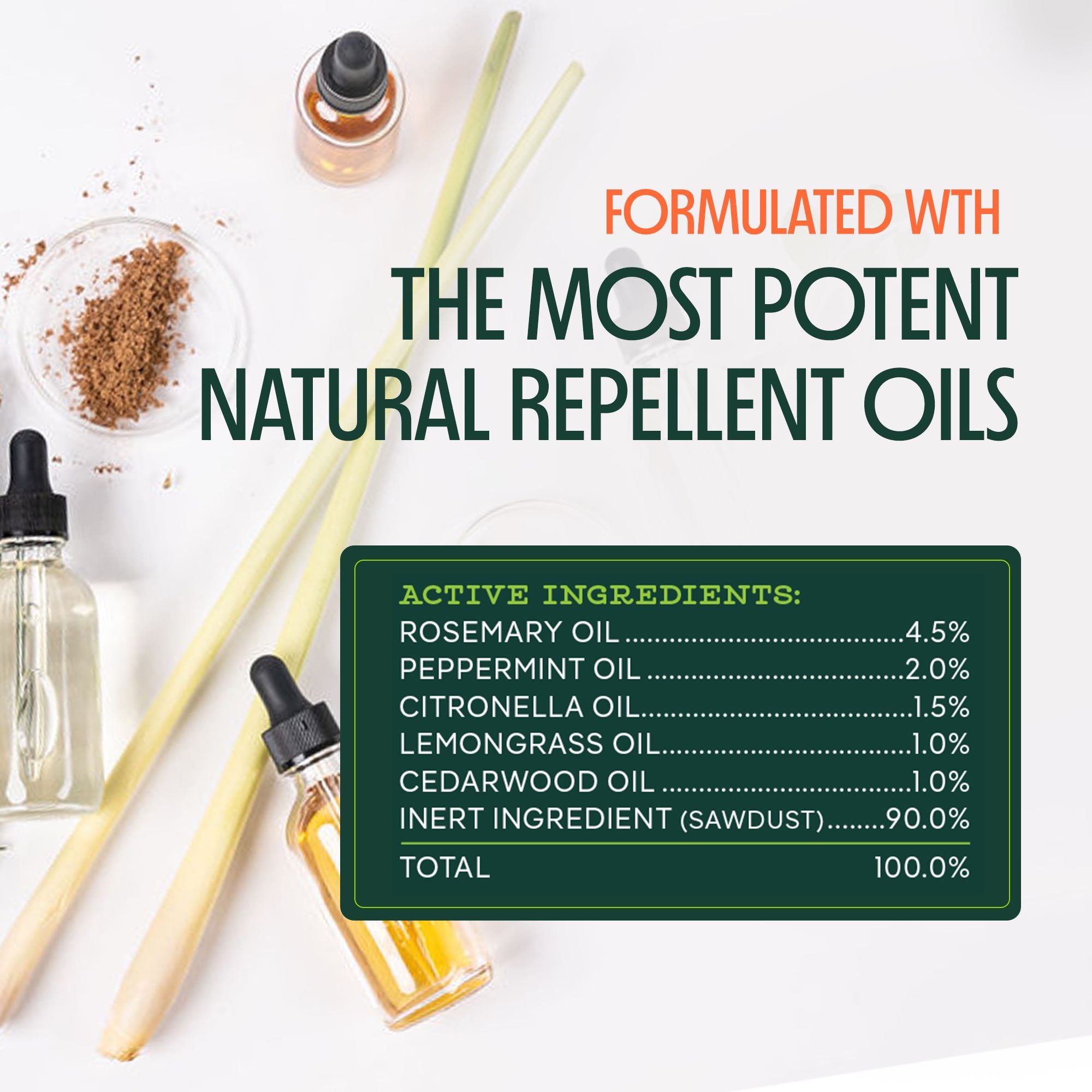 ingredients including essential oils with text stating, "Formulated with the most potent natural repellent oils"