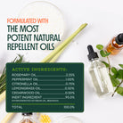 Bottle of natural repellent oil with ingredients listed on a white background