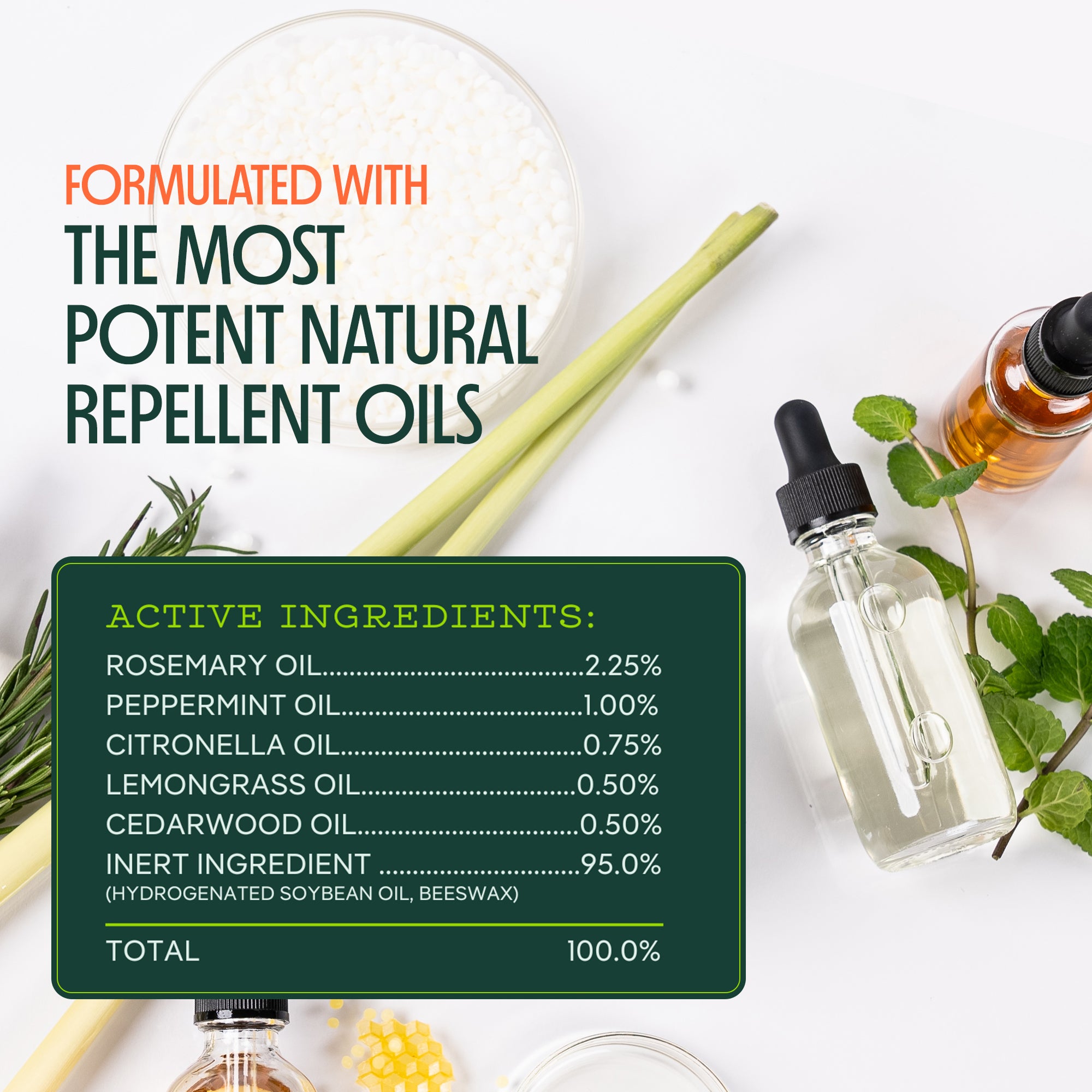 Bottle of natural repellent oil with ingredients listed on a white background
