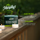 Murphy's Naturals mosquito repellent tea light candles on a wooden surface with branding and product details.