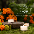 Tea lights on a stone surrounded by flowers with text about burn time and outdoor use.