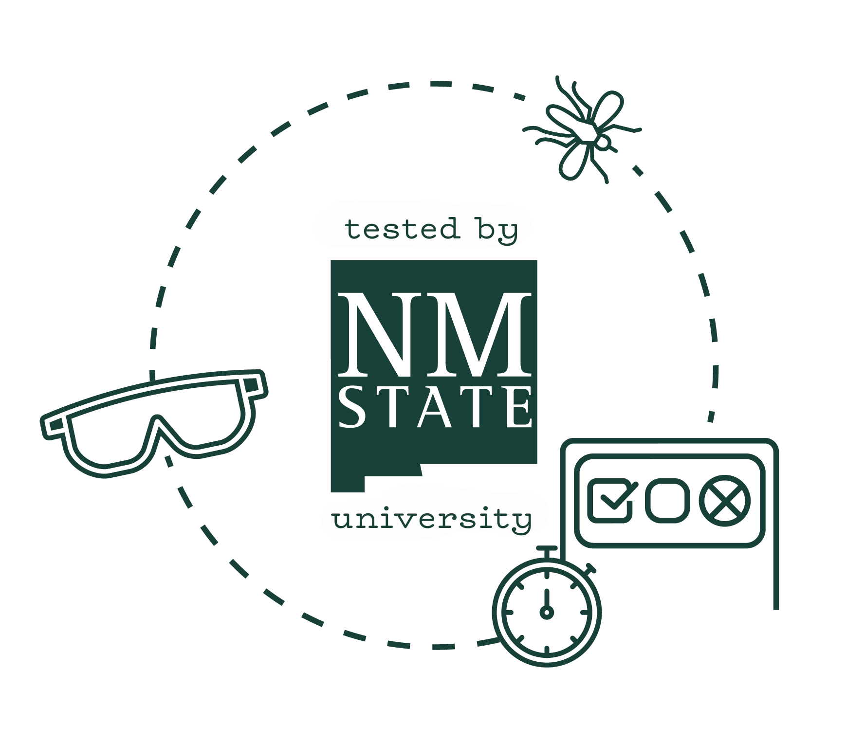 "tested by NM State University" with images surrounding such as a mosquito, goggles, a timer, and a graph