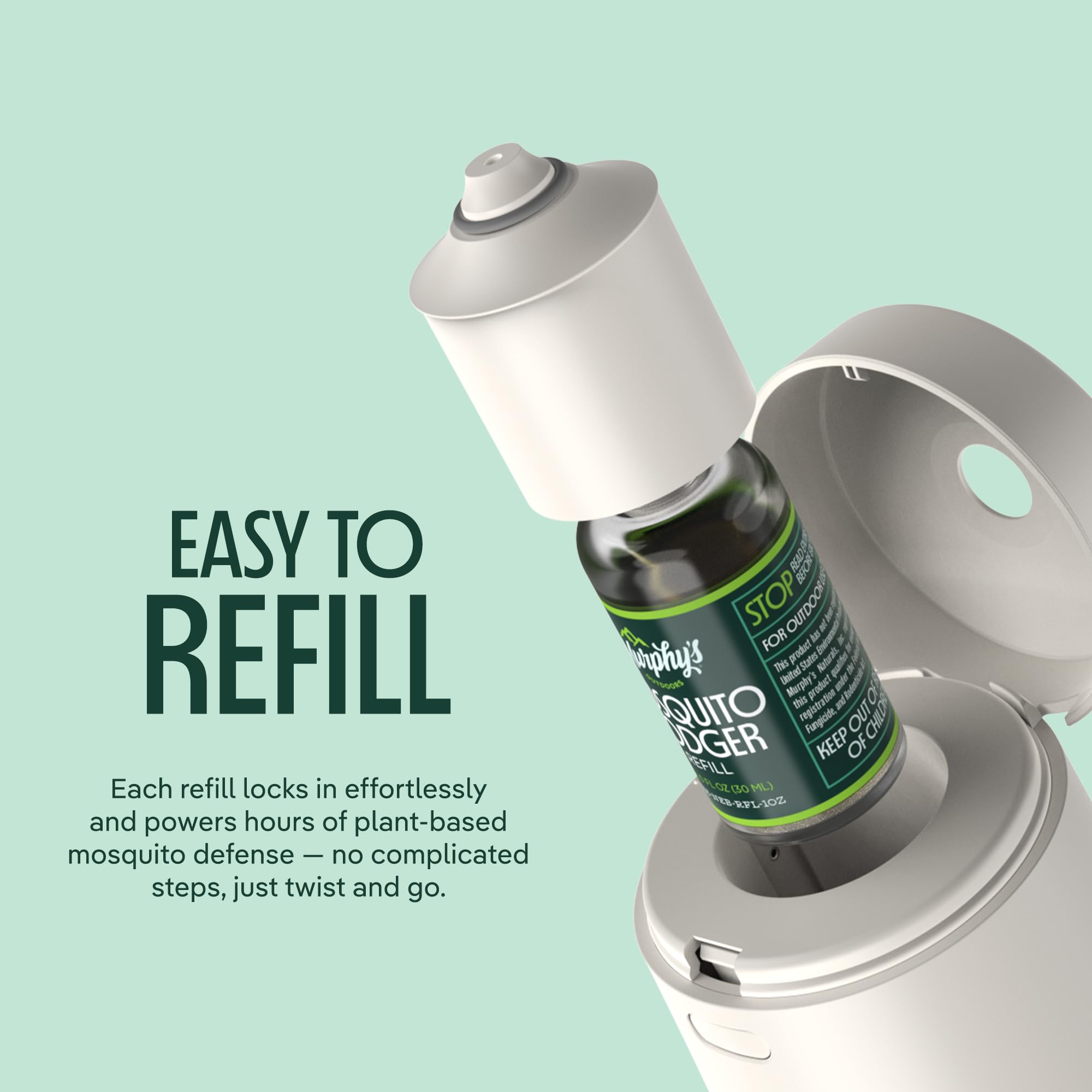 Device top opened to show the refill ready to be inserted into the device. Each refill locks in effortlessly and powers hours of plant-based mosquito defense - no complicated steps, just twist & go