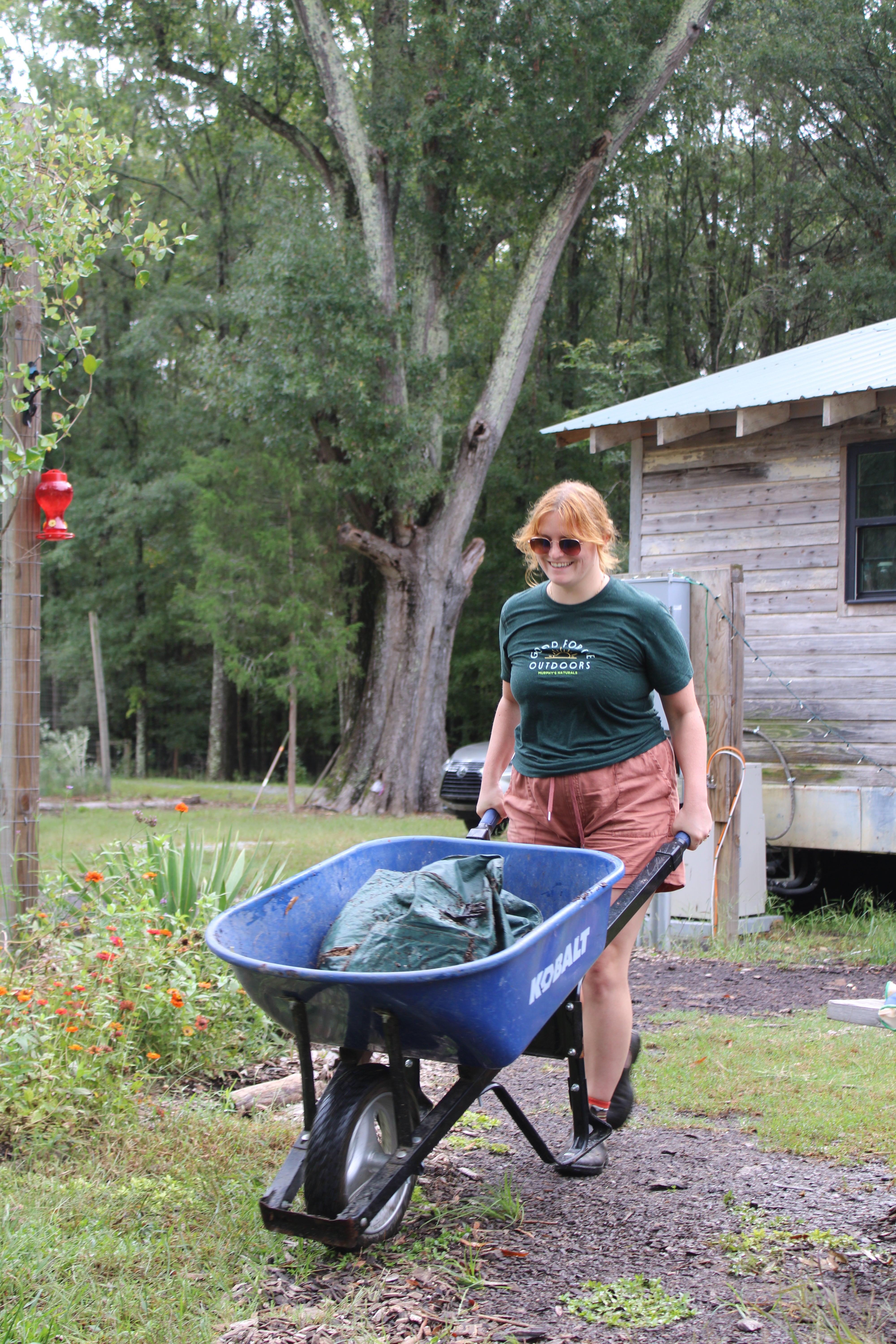Person (Murphy's Employee) pushing a wheelbarrow with a blue container outdoors near a wooden cabin.