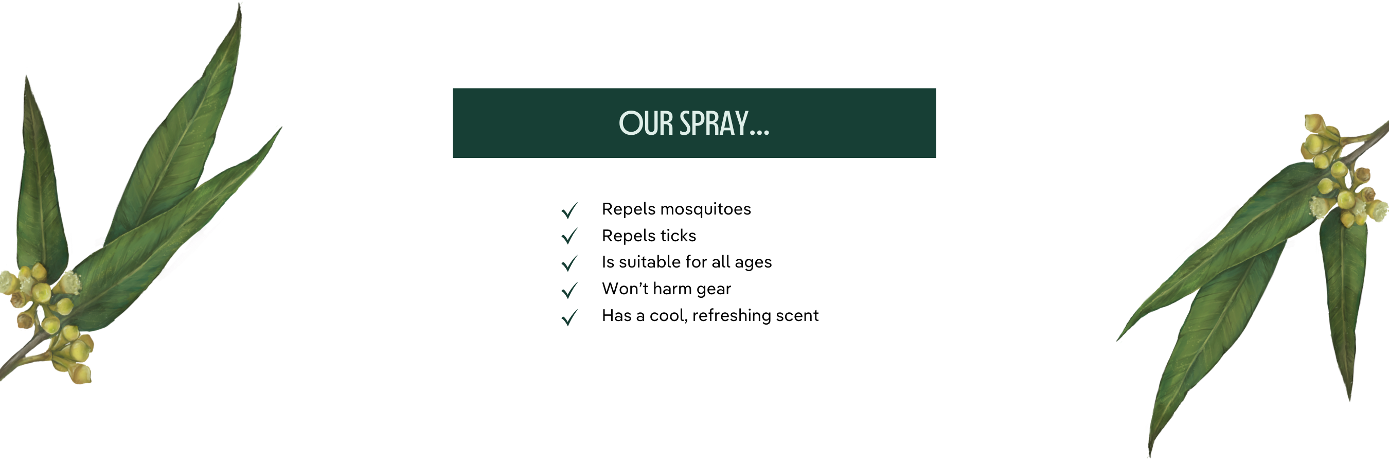 Our spray repels mosquitoes, repels ticks, is suitable for al ages, won't harm gear, has a cool, refreshing scent