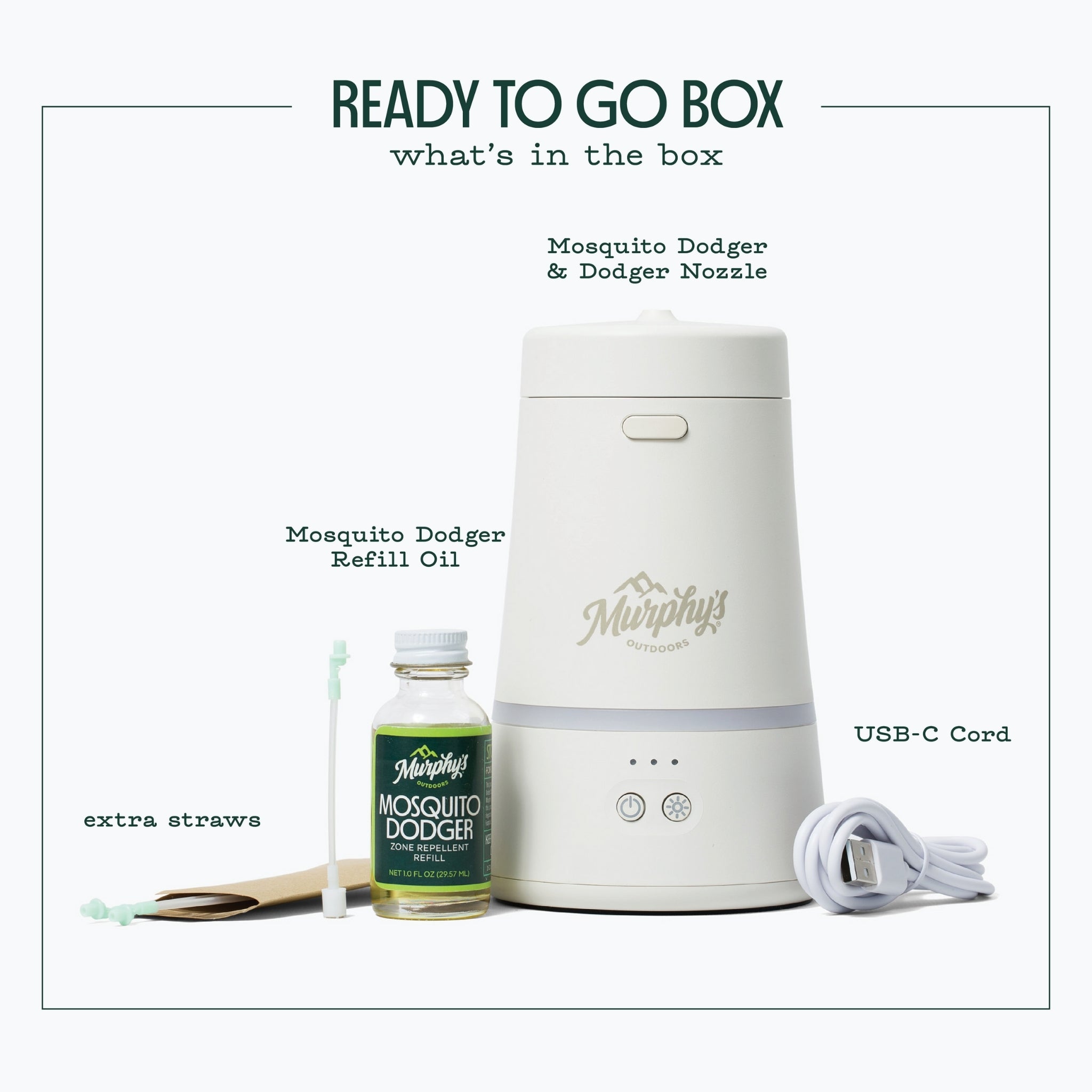 A white mosquito repellent device with a logo and a light band at the bottom. Ready to go box includes extra straws, refill oil, device, USB-C cord